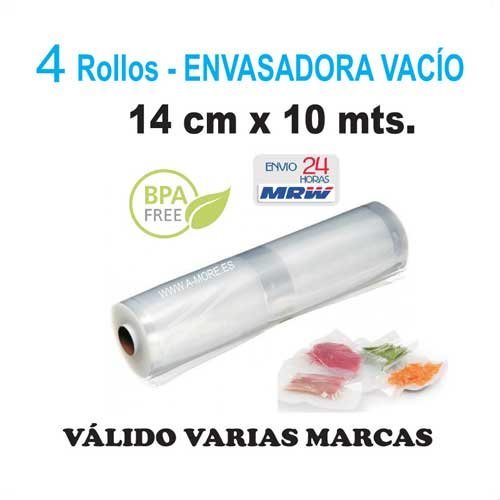 4 Rollos gofrados para envasadora vacío de 14cm x 10m. Para: Aicok, Cecotec,Jata, Proficook, Elma, Lacor, Roguci, Laica, Klarstein, Krups, Easyvac, Ellrona, Eltac, Foodsaver,Garhe, Bomann, Clatronic...