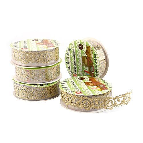 5 rollos de cinta de encaje con purpurina decorativa autoadhesiva, cinta adhesiva Washi para manualidades, álbumes de recortes, decoración de pegatinas con patrón aleatorio dorado