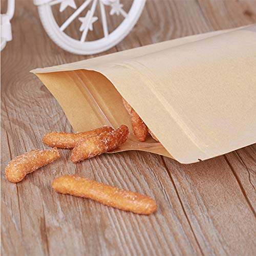 50 bolsas reutilizables de papel kraft con diseño de pie, ventana transparente y cierre zip para almacenar alimentos, galletas, bolsas de té, caramelos, granos de café, etc. 15x22cm