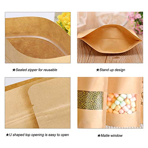 50 bolsas reutilizables de papel kraft con diseño de pie, ventana transparente y cierre zip para almacenar alimentos, galletas, bolsas de té, caramelos, granos de café, etc. 15x22cm