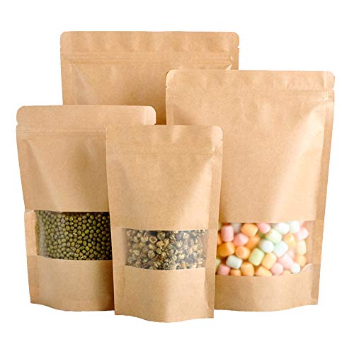 50 bolsas reutilizables de papel kraft con diseño de pie, ventana transparente y cierre zip para almacenar alimentos, galletas, bolsas de té, caramelos, granos de café, etc. 15x22cm