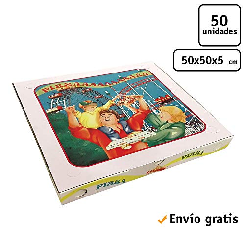 50 uds - Caja para pizza diseño"Family" - tamaño 50x50x5 cm - Anónimas - Cartón microcanal de alta calidad 100% reciclable y compostable