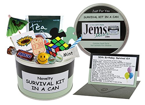 50th Birthday Survival Kit In A Can - Caja para regalo de cumpleaños. Novedad Regalo Divertido – divertido Happy 50th presente y tarjeta todo en uno. Personalizable, Black/Mint, Approx 10cm x 6cm