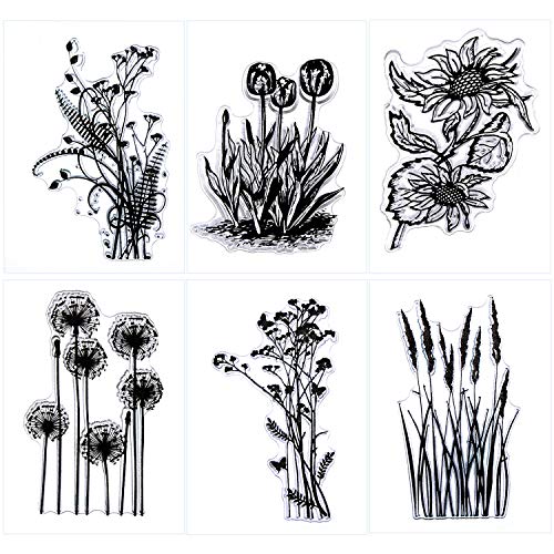 6 Hojas Tarjeta de Sellos de Silicona Transparentes de Hacer Sellos Claros con Diseños de Girasol Diente de León Lavanda Tulipanes Flores y Hojas para Fabricación de Tarjetas y Scrapbooking Bricolaje