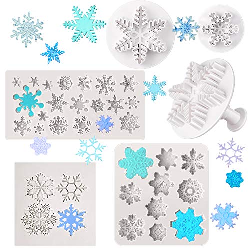 6 Moldes de Fondant de Copo de Nieve Molde de Silicona para Hornear Moldes Antiadherentes para Postres Chocolate con Cortadores de Émbolo de Copo de Nieve Herramientas de Relieve de Pasteles