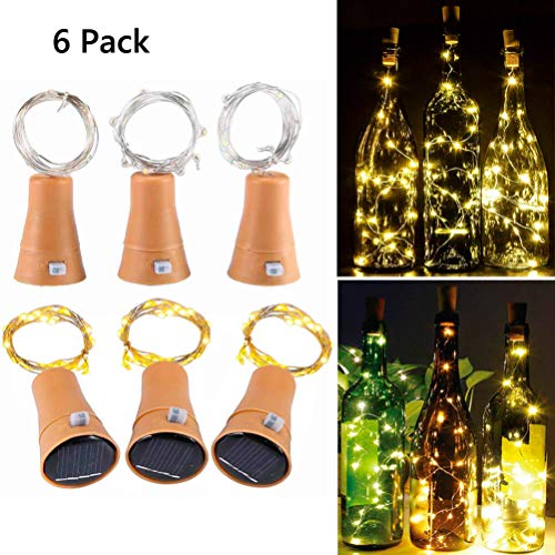 6 Pack Luz de Botella, Luces de Energía Solar para Botellas de Vino, 1m 10LEDs Luces de Cadena con Alambre de Cobre para Bodas Románticas, Fiesta, Hogar, Exterior, Jardín, Blanco(Blanco Cálido)