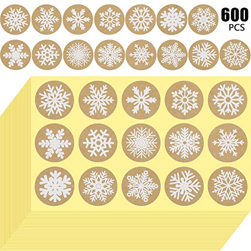 600 Piezas Pegatina de Copo de Nieve Pegatinas de Navidad de Papel Kraft 1,5 Pulgadas Etiquetas Adhesivas Redondas Adornos para Sobre Bolsa Sellado Decoraciones