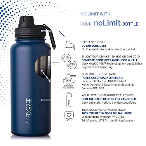 720°DGREE Botella Agua Termo Acero Inoxidable “noLimit“ – 1200ml - Sin BPA Free, Antigoteo y Prueba de Fuga - Frasco térmico, Cantimplora Aislada Bebida Caliente Frío con Gas +Cubierta Deporte Gratis