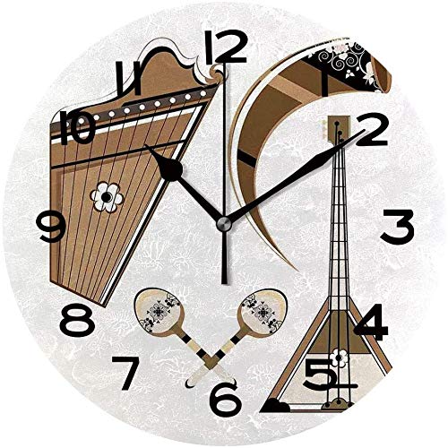 77 xiochgzish Reloj de Pared, Balalaika Rusa, Instrumentos de Cultura folclórica Media, gráfico Bohemio, Relojes de Pared Modernos de 10 Pulgadas, Reloj silencioso