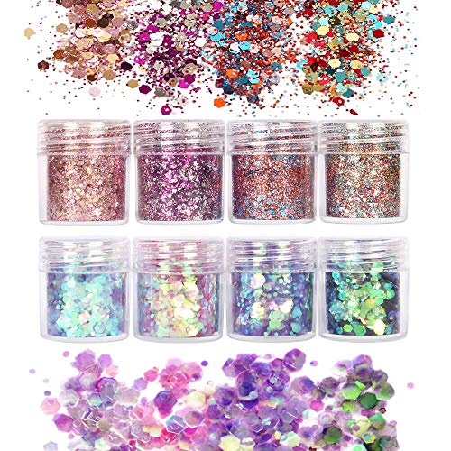 8 Mixta Colores Kit Glitter polvo de uñas 20 x Esponja de sombra de ojos Nail polvo lentejuelas Consejos artificial de uñas purpurina brillante polvo uñas Polvo brillante uñas Polvo Make Up