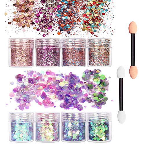 8 Mixta Colores Kit Glitter polvo de uñas 20 x Esponja de sombra de ojos Nail polvo lentejuelas Consejos artificial de uñas purpurina brillante polvo uñas Polvo brillante uñas Polvo Make Up