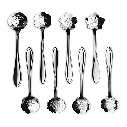 8 pcs acero inoxidable Vajilla Flower Shape tarta de azúcar cuchara, cuchara, cucharilla de café, hielo crema cuchara, cuchara de café, cuchara de flores