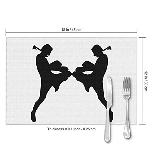 90ioup Silueta de Muay Thai Manteles Individuales para Mesa de Comedor, Juego de 6 manteles de Cocina, poliéster, Blanco, Talla única