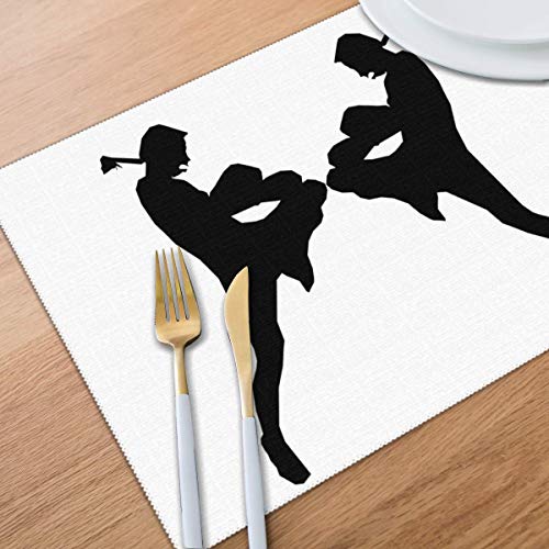 90ioup Silueta de Muay Thai Manteles Individuales para Mesa de Comedor, Juego de 6 manteles de Cocina, poliéster, Blanco, Talla única