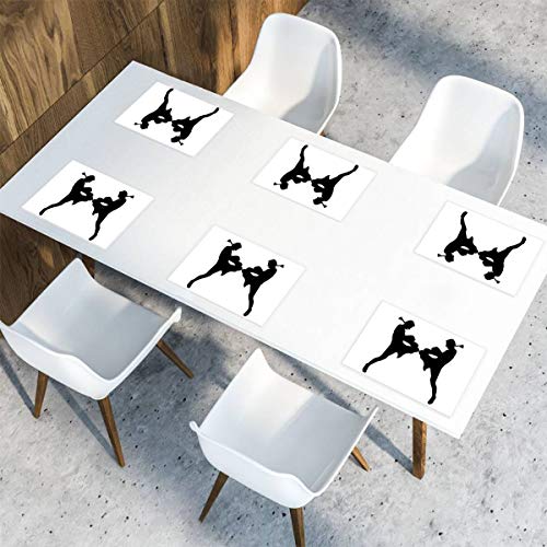 90ioup Silueta de Muay Thai Manteles Individuales para Mesa de Comedor, Juego de 6 manteles de Cocina, poliéster, Blanco, Talla única