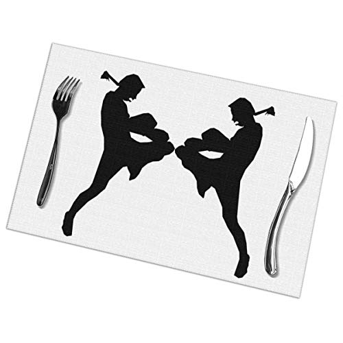 90ioup Silueta de Muay Thai Manteles Individuales para Mesa de Comedor, Juego de 6 manteles de Cocina, poliéster, Blanco, Talla única