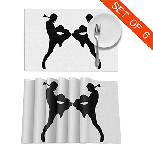 90ioup Silueta de Muay Thai Manteles Individuales para Mesa de Comedor, Juego de 6 manteles de Cocina, poliéster, Blanco, Talla única