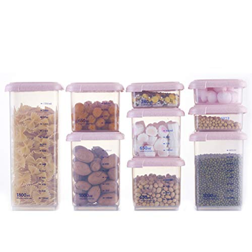 9PCS Tanque Almacenamiento Sello Alimentos Transparente, Caja Almacenamiento Granos Cinco Granos, Fideos/Polvo/Frijoles/Dulces/Chocolate/Caja Almacenamiento Aperitivos Rosa