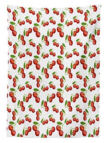 ABAKUHAUS Fruta Mantele, Patrón de Fruta de la Cereza, Fácil de Limpiar Colores Firmes y Durables Lavable Personalizado, 140 x 240 cm, Vermilion Blanco Verde