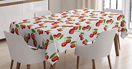 ABAKUHAUS Fruta Mantele, Patrón de Fruta de la Cereza, Fácil de Limpiar Colores Firmes y Durables Lavable Personalizado, 140 x 240 cm, Vermilion Blanco Verde