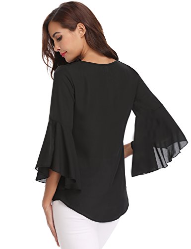 Abollria Camisa para Mujer 3/4 Mangas Elegante Blusa de Gasa Ligera Camisetas de Chiffon Cuello V Top Mangas Acampanadas Primavera Verano Otoño, Negro, XXL