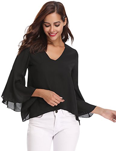 Abollria Camisa para Mujer 3/4 Mangas Elegante Blusa de Gasa Ligera Camisetas de Chiffon Cuello V Top Mangas Acampanadas Primavera Verano Otoño, Negro, XXL