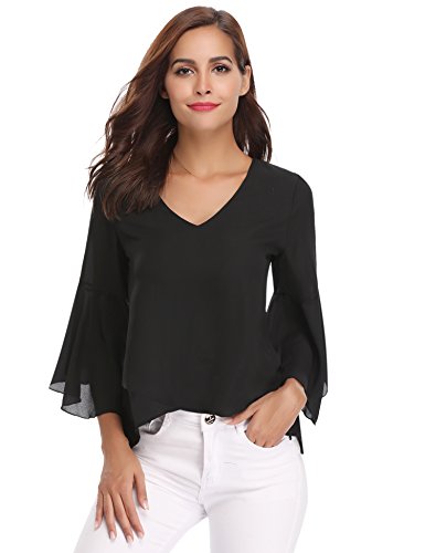 Abollria Camisa para Mujer 3/4 Mangas Elegante Blusa de Gasa Ligera Camisetas de Chiffon Cuello V Top Mangas Acampanadas Primavera Verano Otoño, Negro, XXL