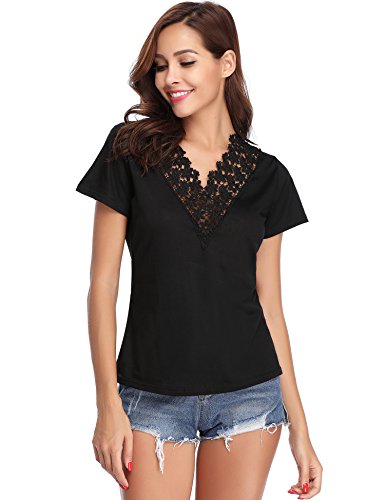 Abollria Camiseta Manga Corta para Mujer Camisa Algodón Casual Blusa con Bordado Sexy tee Shirt Cuello-V Deportivo T-Shirt Elasticidad Transpirable Basic Top para Verano Negro XL