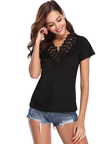 Abollria Camiseta Manga Corta para Mujer Camisa Algodón Casual Blusa con Bordado Sexy tee Shirt Cuello-V Deportivo T-Shirt Elasticidad Transpirable Basic Top para Verano Negro XL