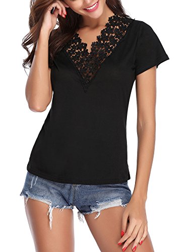 Abollria Camiseta Manga Corta para Mujer Camisa Algodón Casual Blusa con Bordado Sexy tee Shirt Cuello-V Deportivo T-Shirt Elasticidad Transpirable Basic Top para Verano Negro XL