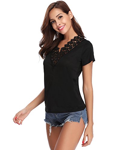 Abollria Camiseta Manga Corta para Mujer Camisa Algodón Casual Blusa con Bordado Sexy tee Shirt Cuello-V Deportivo T-Shirt Elasticidad Transpirable Basic Top para Verano Negro XL