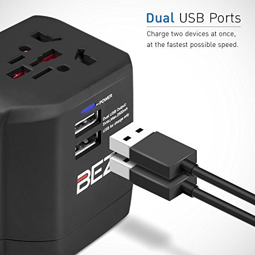 Adaptador de viaje internacional Bez con puertos duales de carga USB, para enchufes US, UK, EU y AU y potencia nominal de5 V y 2500 mA y enchufe CA universal, seguridad fusionada