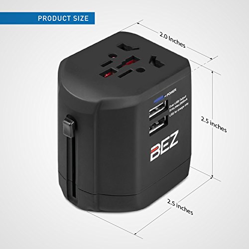 Adaptador de viaje internacional Bez con puertos duales de carga USB, para enchufes US, UK, EU y AU y potencia nominal de5 V y 2500 mA y enchufe CA universal, seguridad fusionada