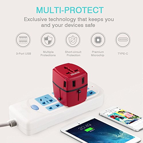 Adaptador de viaje, Milool Cargador 3 Puertos USB Y Tipo-C , Adaptador Enchufe Viaje Universal Con Fusible de Corriente 8A y 3A para EU, USA, AU, Ingles, AUS y más de 150 países (rojo)