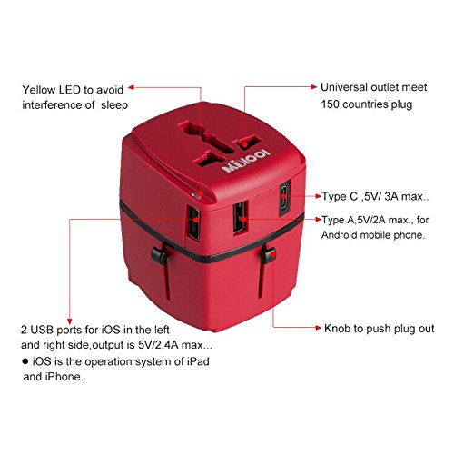 Adaptador de viaje, Milool Cargador 3 Puertos USB Y Tipo-C , Adaptador Enchufe Viaje Universal Con Fusible de Corriente 8A y 3A para EU, USA, AU, Ingles, AUS y más de 150 países (rojo)