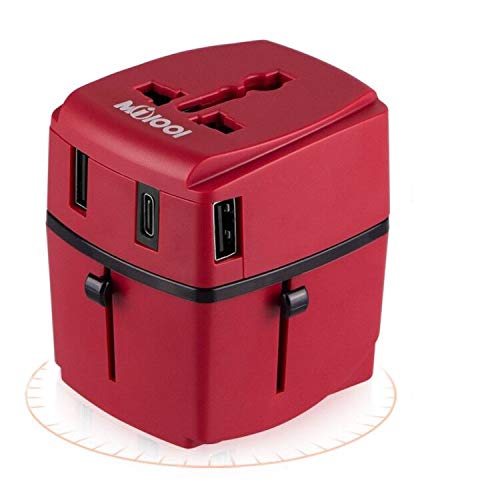 Adaptador de viaje, Milool Cargador 3 Puertos USB Y Tipo-C , Adaptador Enchufe Viaje Universal Con Fusible de Corriente 8A y 3A para EU, USA, AU, Ingles, AUS y más de 150 países (rojo)