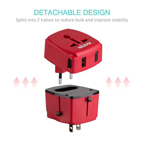 Adaptador de viaje, Milool Cargador 3 Puertos USB Y Tipo-C , Adaptador Enchufe Viaje Universal Con Fusible de Corriente 8A y 3A para EU, USA, AU, Ingles, AUS y más de 150 países (rojo)