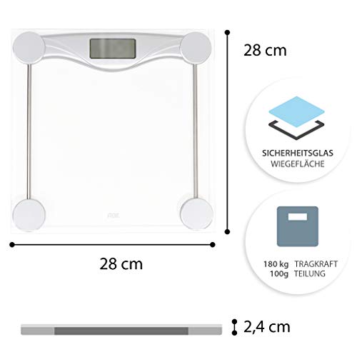 ADE Báscula de baño digital BE1510 Olivia, electrónica en cristal con superficie de seguridad, mide hasta 180 Kg, display LCD, incluye baterías, color transparente