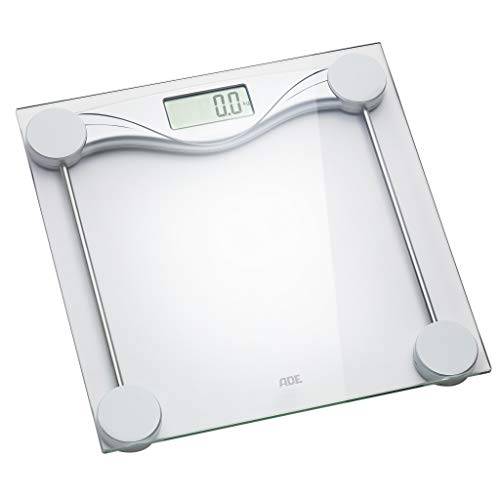 ADE Báscula de baño digital BE1510 Olivia, electrónica en cristal con superficie de seguridad, mide hasta 180 Kg, display LCD, incluye baterías, color transparente