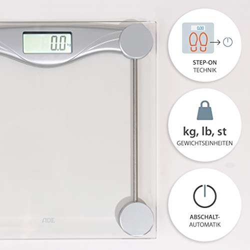 ADE Báscula de baño digital BE1510 Olivia, electrónica en cristal con superficie de seguridad, mide hasta 180 Kg, display LCD, incluye baterías, color transparente