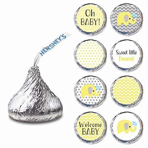 Adorebynat Party Decorations - EU Amarillo Gris elefante Etiqueta para los besos de Hershey chocolate S - Baby Shower caramelo etiqueta - Set 240