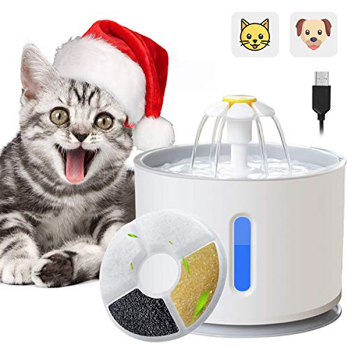 ADOV Fuente para Gatos, 2.4L Dispensador Automático de Agua Eléctrico con Luz LED, Filtro de Reemplazable y Adaptador USB, Flor Portátil Estilo Bebedero para Gatos, Perros y Pequeños Animales (Gris)