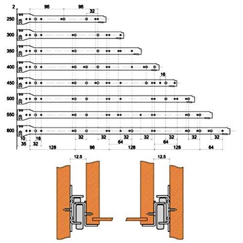 AERZETIX: Par de guías de rodillo correderas para cajones 25kg (50cm)