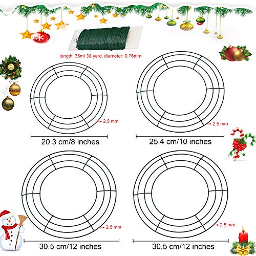 AFASOES 4 Pcs Marco de Alambre de Corona 8" 10" 12" 12" Aros de Corona de Navidad Aro de Corona de Alambre Anillas Soporte para Corina Navideña Decoración de Año Nuevo + 1x Rollo de Alambre Floral