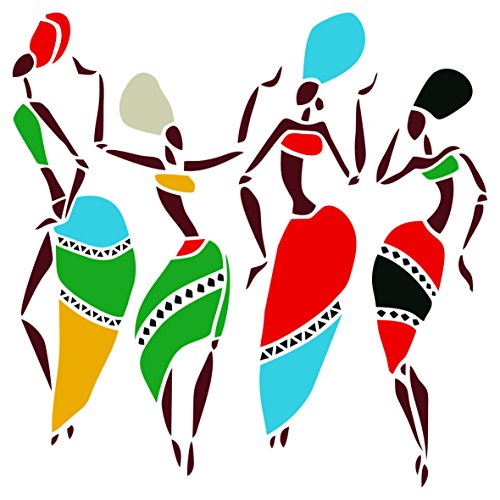 African Dancers Stencil - 16.5 x 16.5 inch (M) - Reusable Women Lady Dancers Ethnic Tribal Wall Stencils for Painting