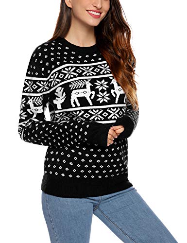 Aibrou Unisexo Suéter de Copos de Nieve de Renos navideños Jersey de Punto Vintage de Navidad Traje del Padres-niños(1# Mamá Negra XXL)