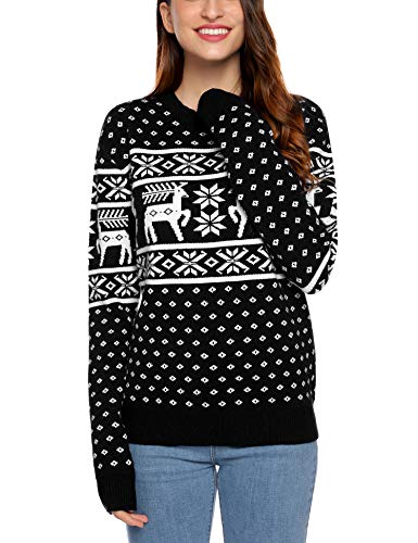 Aibrou Unisexo Suéter de Copos de Nieve de Renos navideños Jersey de Punto Vintage de Navidad Traje del Padres-niños(1# Mamá Negra XXL)