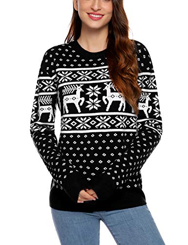 Aibrou Unisexo Suéter de Copos de Nieve de Renos navideños Jersey de Punto Vintage de Navidad Traje del Padres-niños(1# Mamá Negra XXL)