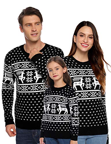 Aibrou Unisexo Suéter de Copos de Nieve de Renos navideños Jersey de Punto Vintage de Navidad Traje del Padres-niños(1# Mamá Negra XXL)