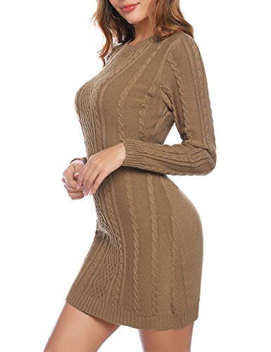 Aibrou Vestido de Punto Cuello Redondo para Mujer,Elegante Vestido de Suéter Manga Larga Elástico Delgado Clásico